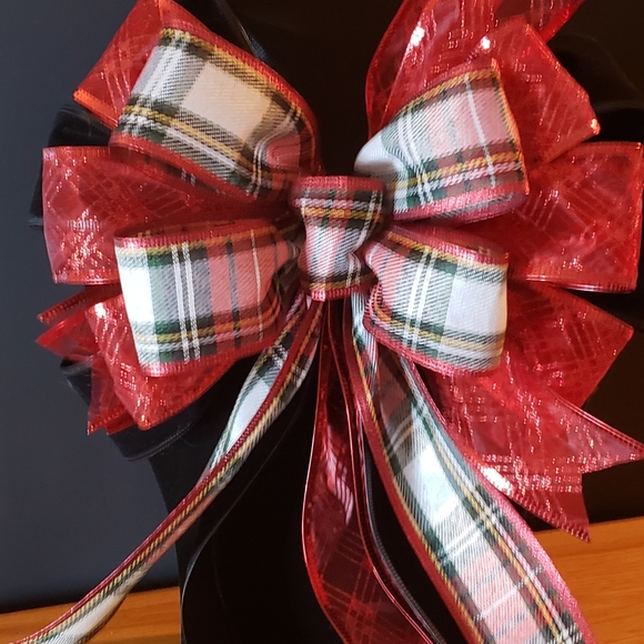 Handcrafted Holiday Bows! approx. 10"Wx14"L, Red velvet, Sheer Red, Tartan plaid - Picture 1 of 2